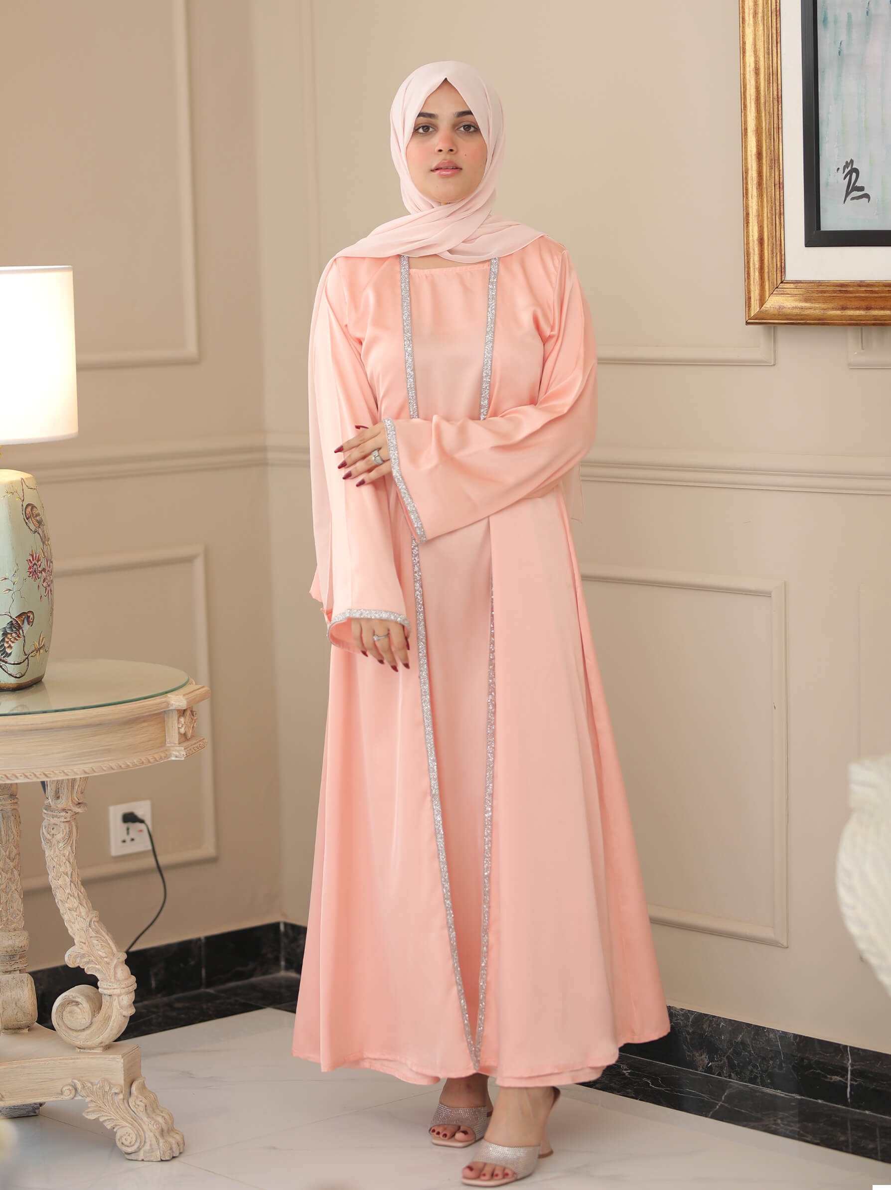 Peach Pink Embellished 3 Piece Open Abaya Set Modora UK