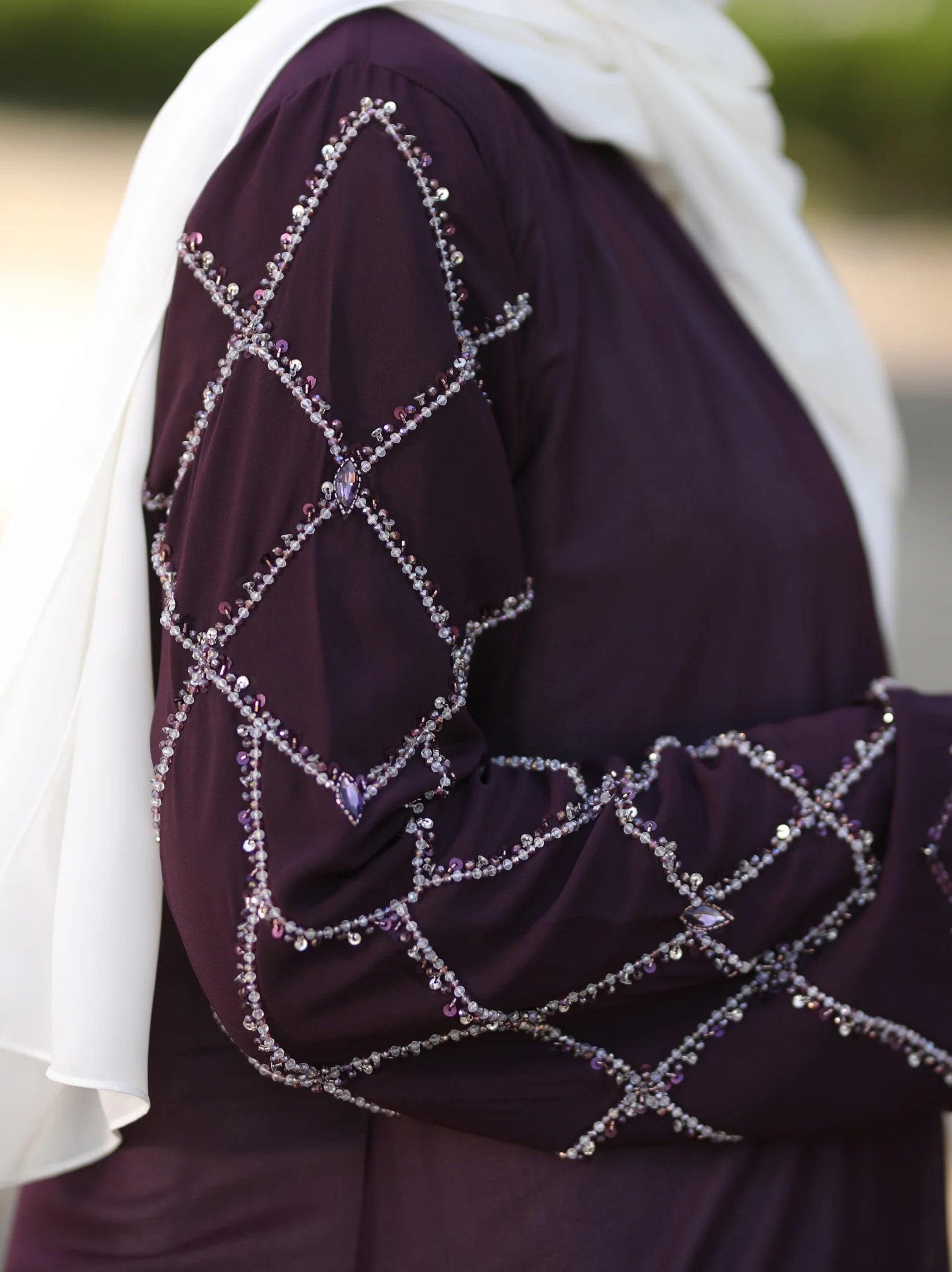 Embellished Sleeves Purple Chiffon Open Abaya