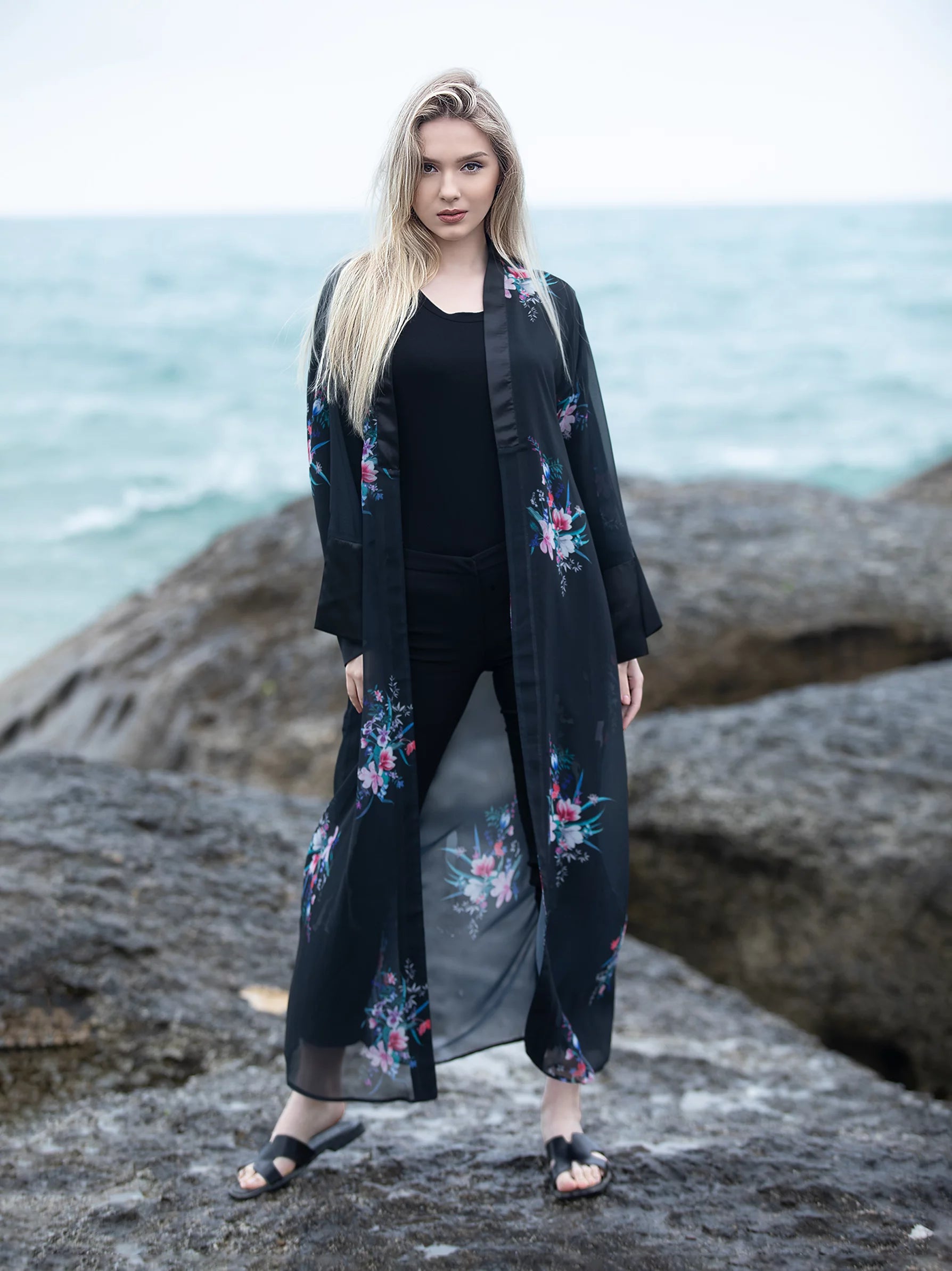 Black Floral Chiffon Kimono  Black Chiffon Kimono- Floral Kimono – Modora  UK