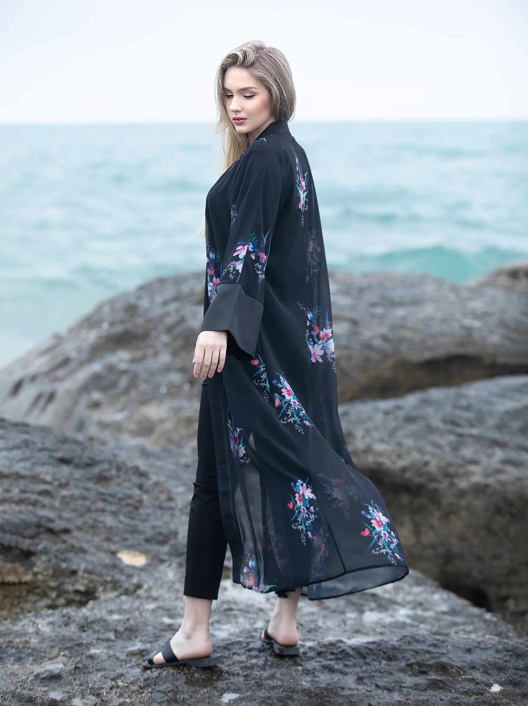 Elegant Black Floral Longline Chiffon Kimono