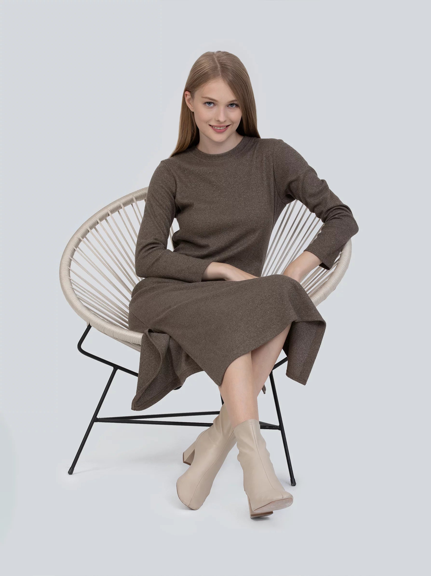 brown long sleeve midi dress