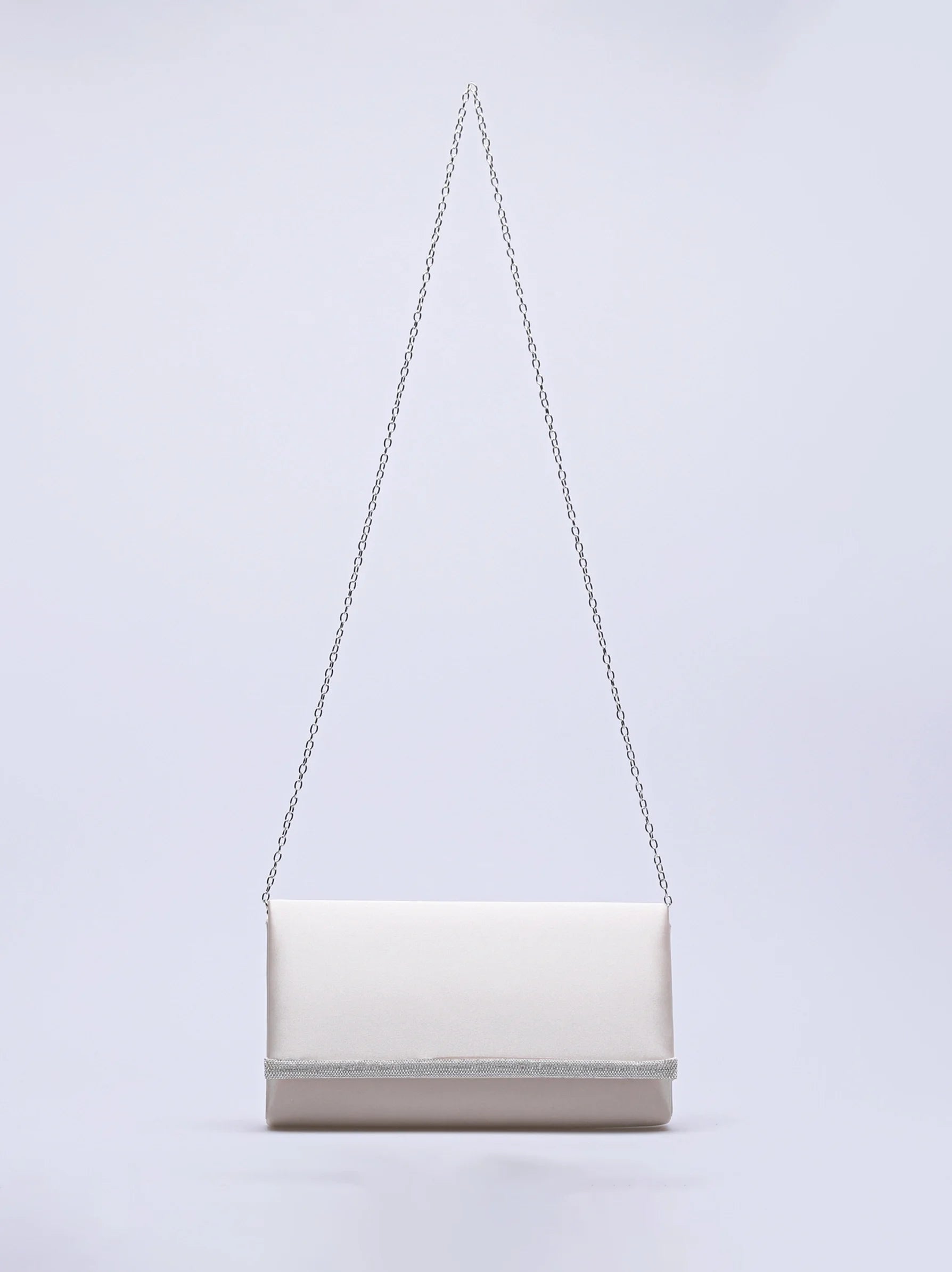 Diamente Detailed Flap Cream Satin Clutch Bag Modora UK