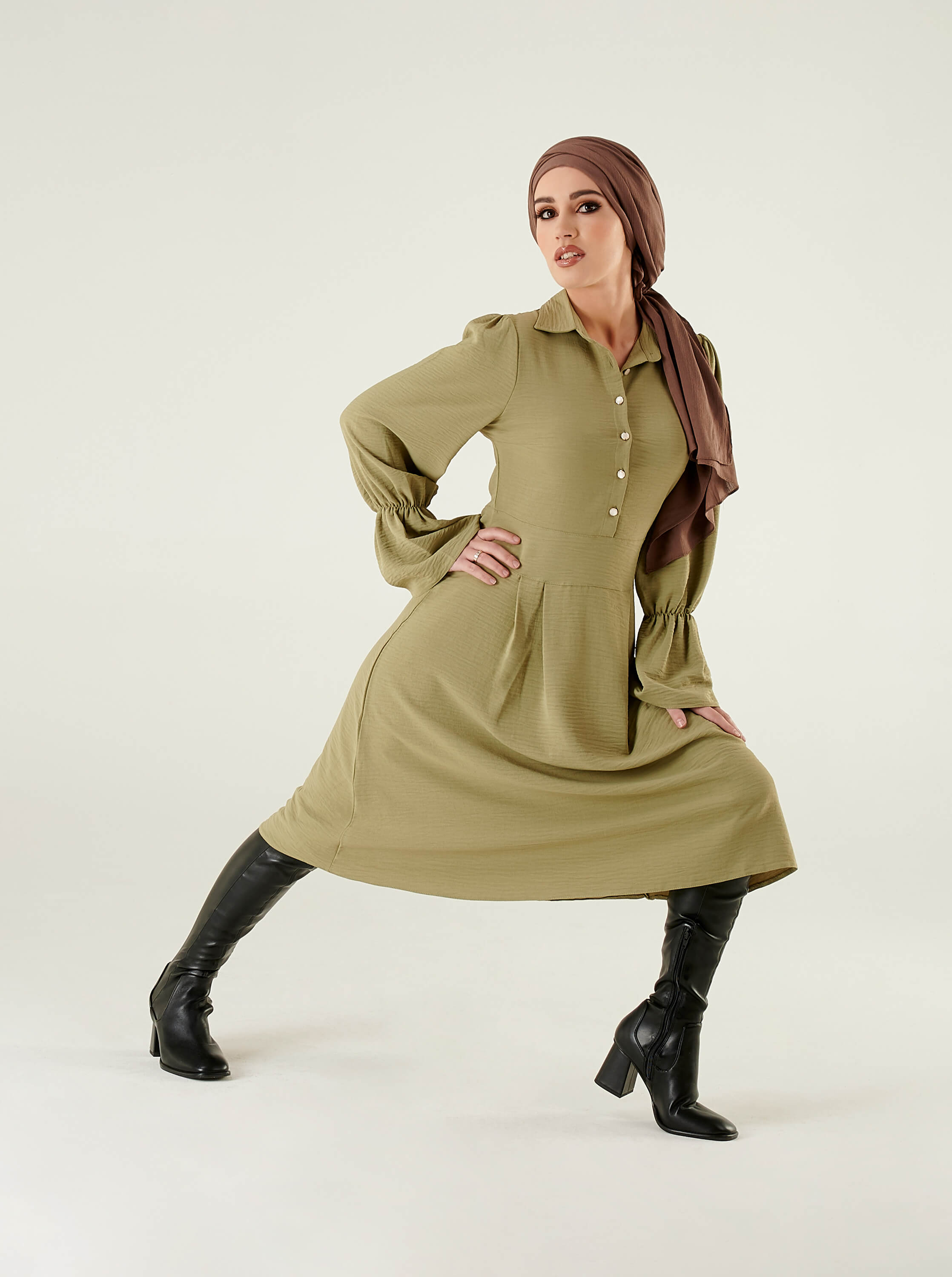 Khaki Shirt Collar Midi Dress UK Khaki Mid Dress Womens Modora UK